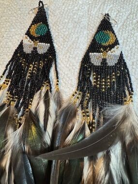 Handmade Beaded Feather Fringe Earrings - Black, Gold & Teal